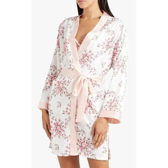 Morgan Lane Allie Robe Women’s Size S/M Blush Floral Print Charmeuse Lightweight - Picture 1 of 13